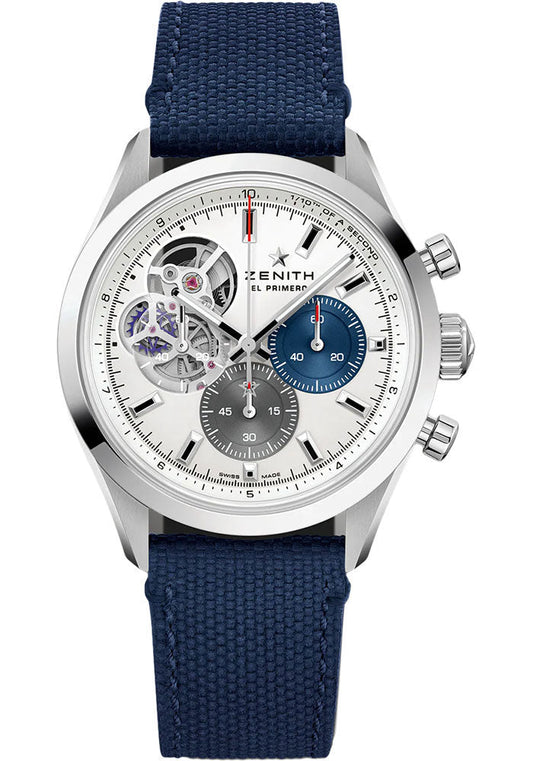 Zenith Chronomaster Open Watch - 39.5 mm Steel Case - Silver Matte Dial - Blue Cordura Effect Strap - 03.3300.3604/69.C823