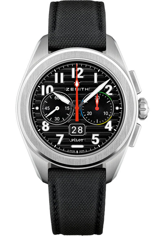 Zenith Pilot Big Date Flyback Watch - 42.5 mm Steel Case - Black Dial - Black Cordura Effect Strap - 03.4000.3652/21.I001