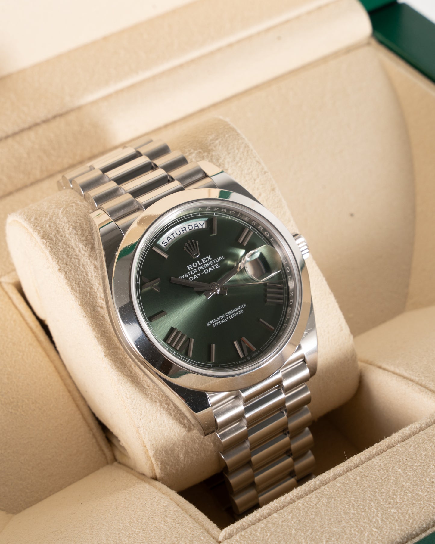 Rolex Day-Date 40 Platinum 228206 / Green Roman 2021