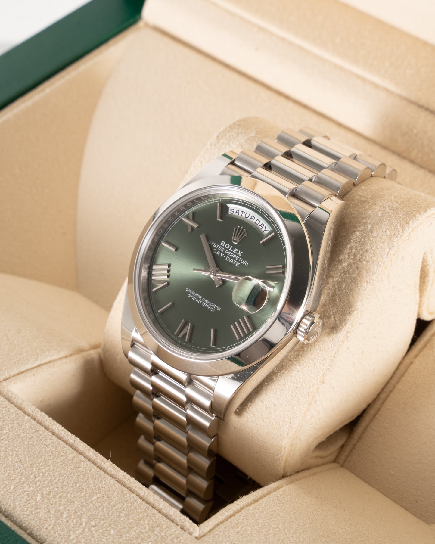 Rolex Day-Date 40 Platinum 228206 / Green Roman 2021