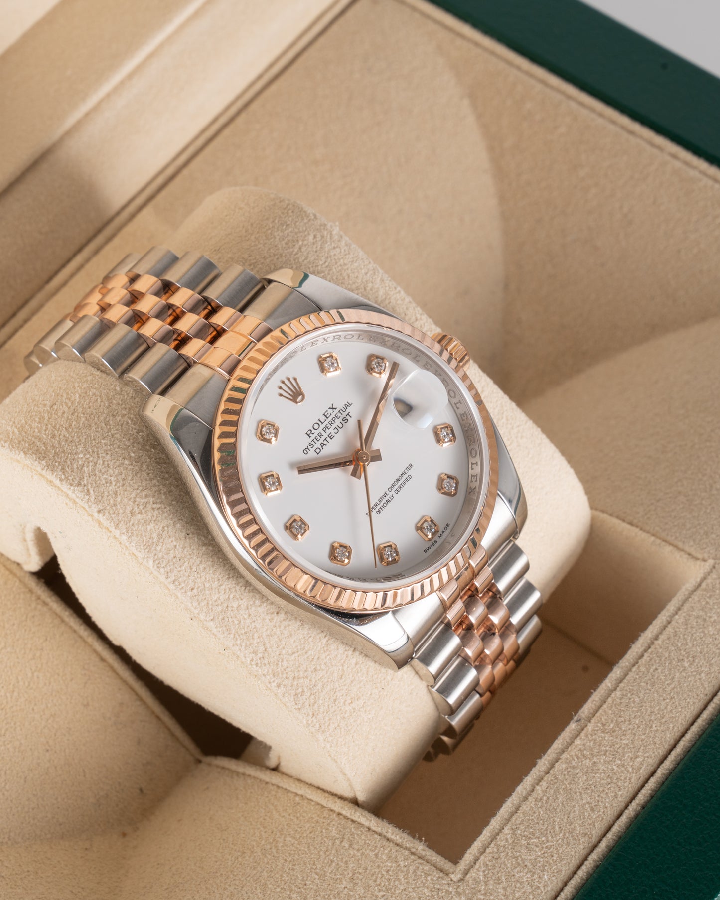 Rolex Datejust 36mm 116231 Jubilee Fluted Two Tone Rose with Diamond Markers White Dial