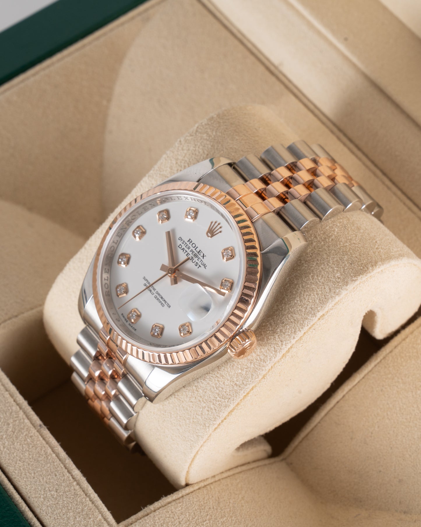 Rolex Datejust 36mm 116231 Jubilee Fluted Two Tone Rose with Diamond Markers White Dial