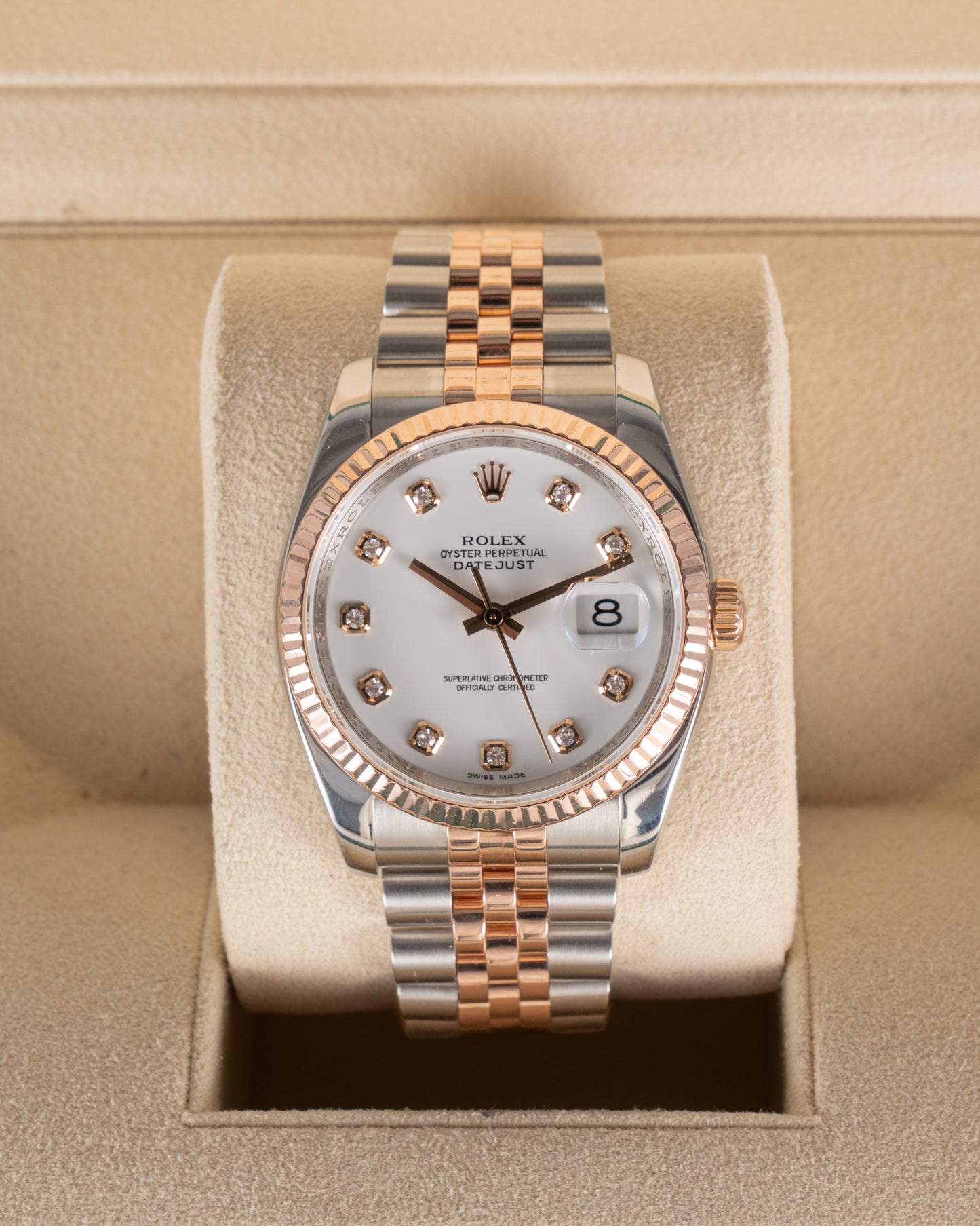 Rolex Datejust 36mm 116231 Jubilee Fluted Two Tone Rose with Diamond Markers White Dial