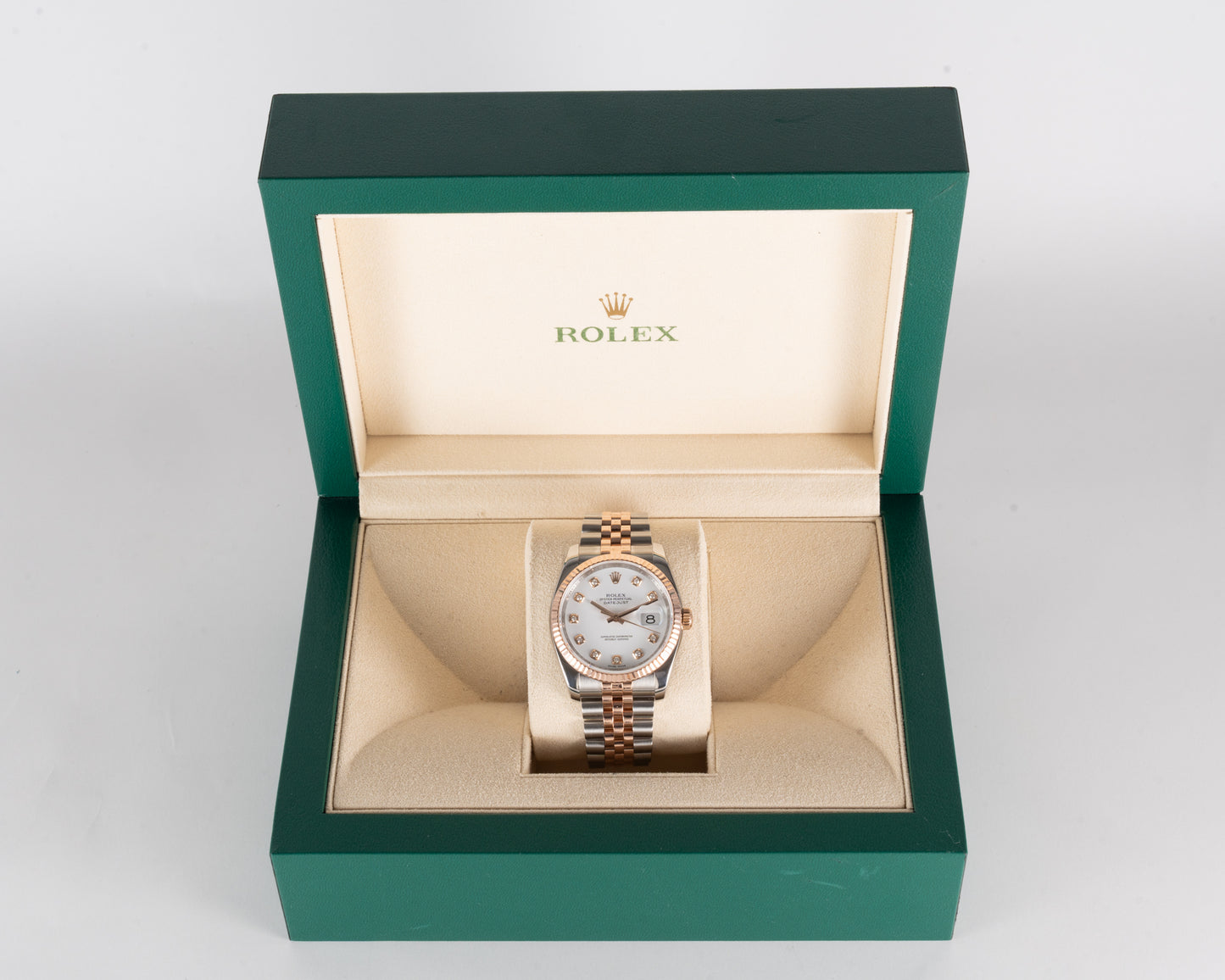 Rolex Datejust 36mm 116231 Jubilee Fluted Two Tone Rose with Diamond Markers White Dial