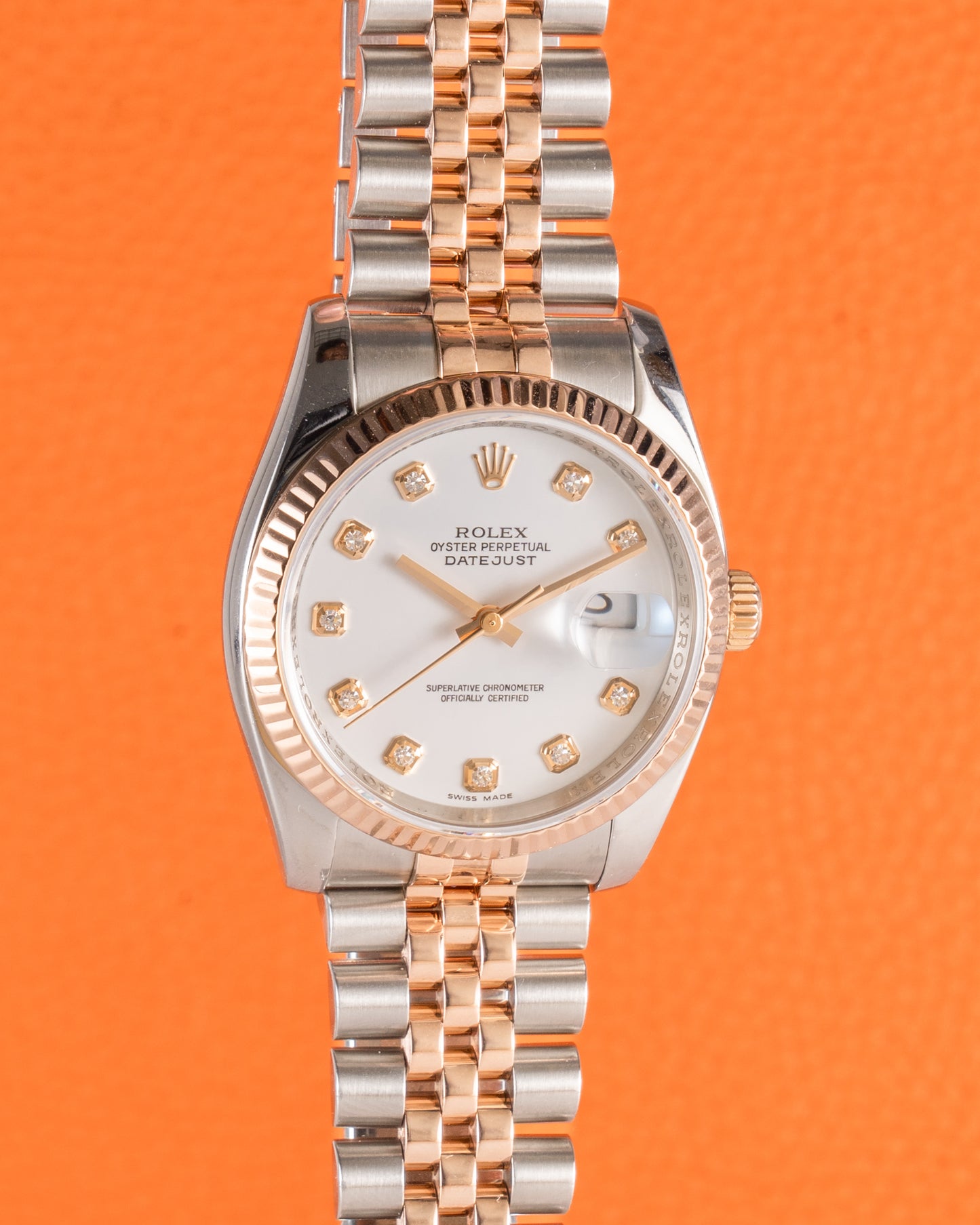 Rolex Datejust 36mm 116231 Jubilee Fluted Two Tone Rose with Diamond Markers White Dial