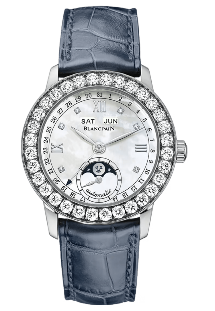 Blancpain Ladybird Quantieme Complet White Gold Diamond Blue Alligator Ladies Watch - 2360 1991A 55A