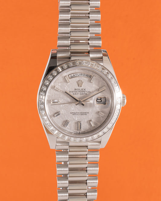 Rolex Day Date 40mm 228396TBR Platinum with Factory Diamond Bezel and Meteorite Dial Baguette Markers