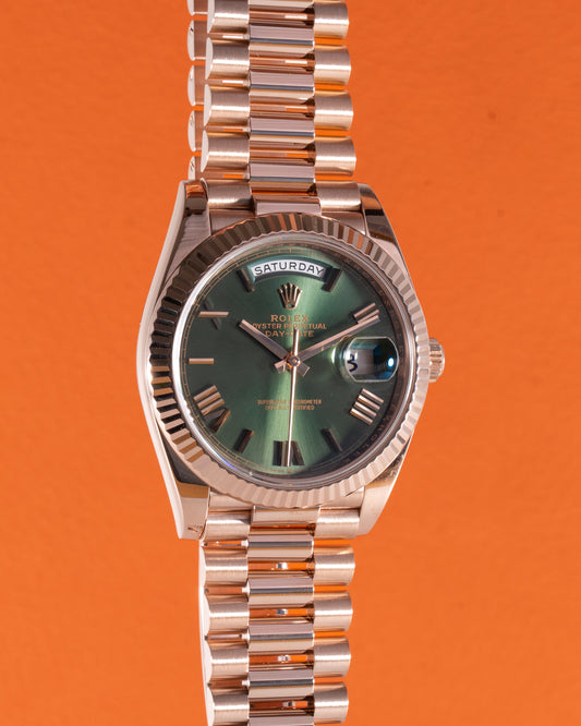 Rolex Day Date 40mm 228235 Rose Gold Olive Dial with Roman Numerals