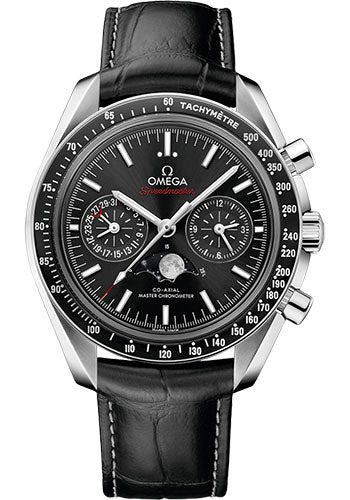 Omega Speedmaster Moonphase Master Chronometer Chronograph Watch - 44.25 mm Steel Case - Black Liquid Metal Bezel - Black Dial - Black Leather Strap - 304.33.44.52.01.001