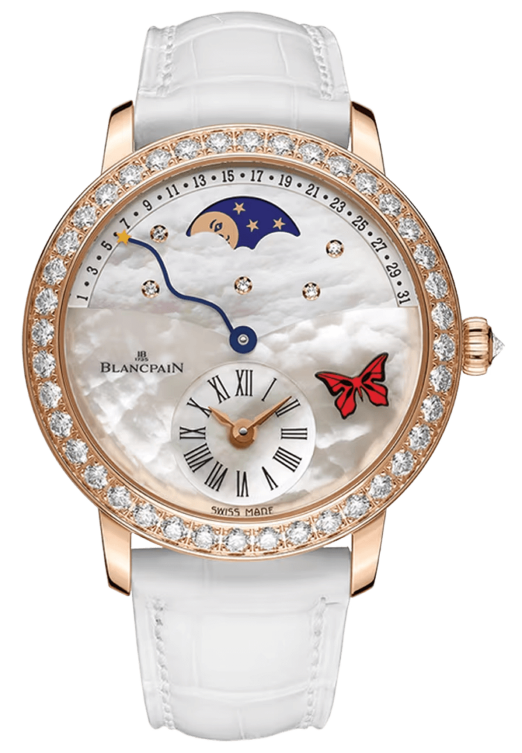 Blancpain Ladybird Quantieme Retrograde White Ostrich Diamond Ladies Watch - 3653A 2954 58CB