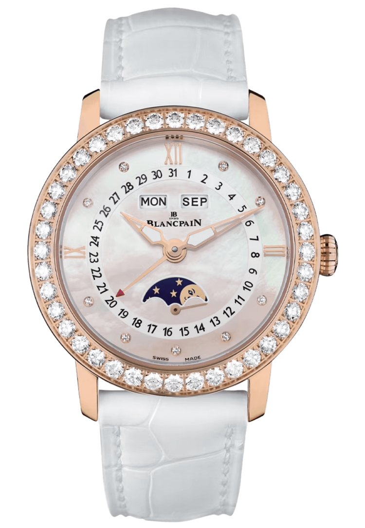 Blancpain Ladybird Quantieme Complet Red Gold Diamond White Alligator Ladies Watch - 3663 2954 55B