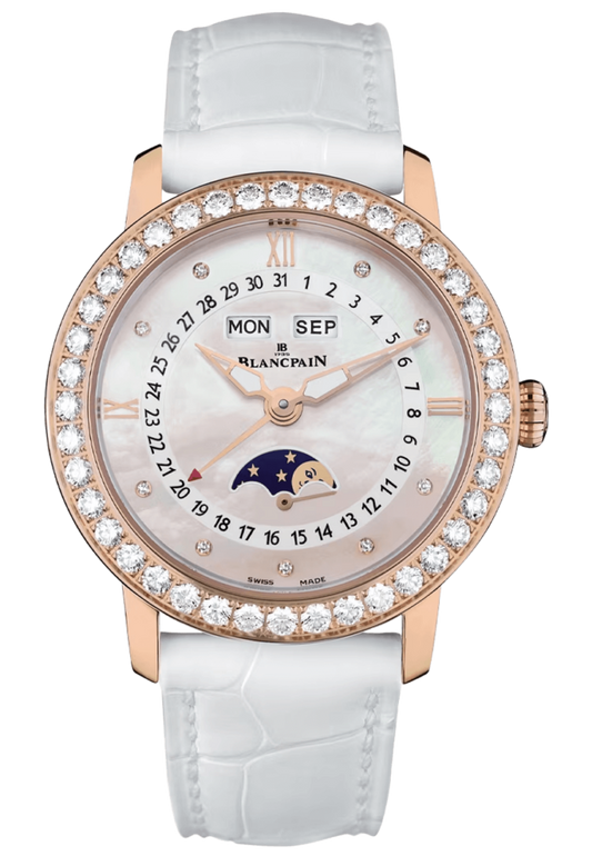 Blancpain Ladybird Quantieme Complet Red Gold Diamond White Alligator Ladies Watch - 3663 2954 55B