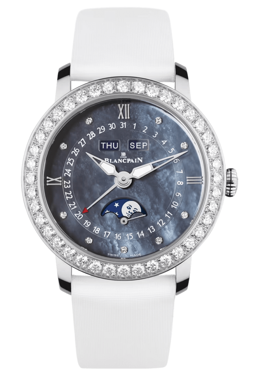 Blancpain Ladybird Quantieme Complet Diamond Mother of Pearl Satin Ladies Watch - 3663 4654L 52B