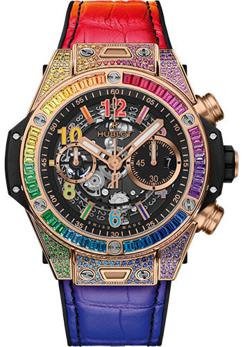 Hublot Big Bang Unico King Gold Rainbow Watch - 44 mm - Black Skeleton Dial - Black Rubber and Multicolored Leather Strap - 421.OX.1118.LR.0999