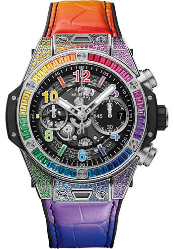 Hublot Big Bang Unico Titanium Rainbow Watch - 42 mm - Black Skeleton Dial - Black Rubber and Multicolored Leather Strap - 441.NX.1117.LR.0999