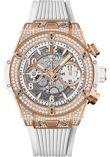 Hublot Big Bang Unico King Gold White PavŽ Watch - 42 mm - White Skeleton Dial - White Rubber Strap - 441.OE.2011.RW.1704