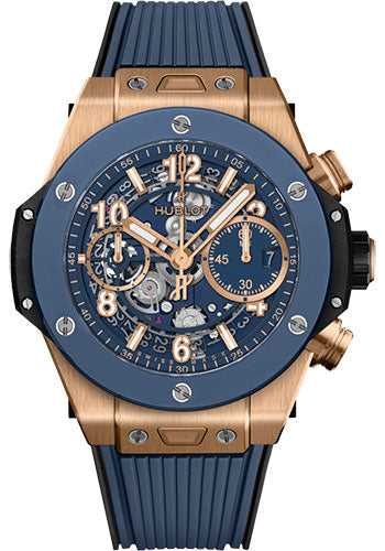 Hublot Big Bang Unico King Gold Blue Ceramic Watch - 42 mm - Blue Skeleton Dial - Black and Blue Rubber Strap - 441.OL.5181.RX