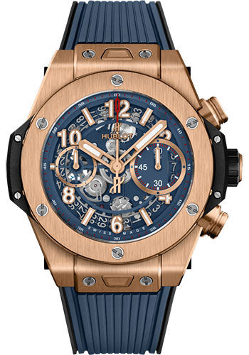 Hublot Big Bang Unico King Gold Blue Watch - 42 mm - Blue Skeleton Dial - Black and Blue Rubber Strap - 441.OX.5189.RX