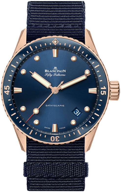 Blancpain Fifty Fathoms Bathyscaphe Sedna Gold Blue NATO Men's Watch - 5000 36S40 NAOA