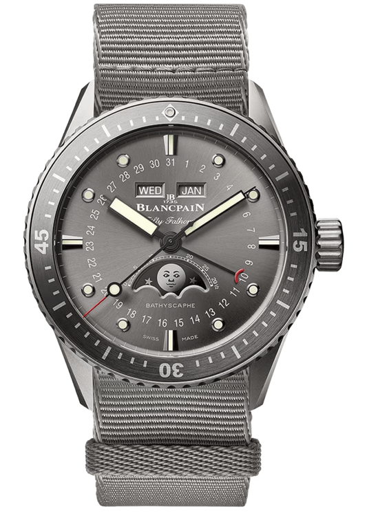 Blancpain Fifty Fathoms Bathyscaphe Quantieme Complet Phases de Lune NATO Men's Watch - 5054 1210 NAGA