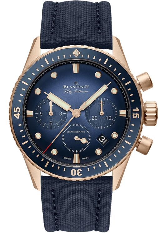 Blancpain Fifty Fathoms Bathyscaphe Chronographe Flyback Red Gold Blue Canvas Men's Watch - 5200 3640 O52B