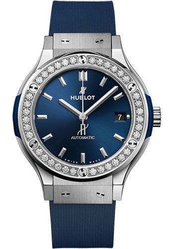 Hublot Classic Fusion Titanium Blue Diamonds Watch - 38 mm - Blue Dial - Blue Lined Rubber Strap - 565.NX.7170.RX.1204