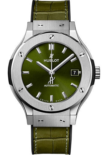 Hublot Classic Fusion Titanium Green Watch - 38 mm - Green Dial - Black Rubber and Green Leather Strap - 565.NX.8970.LR