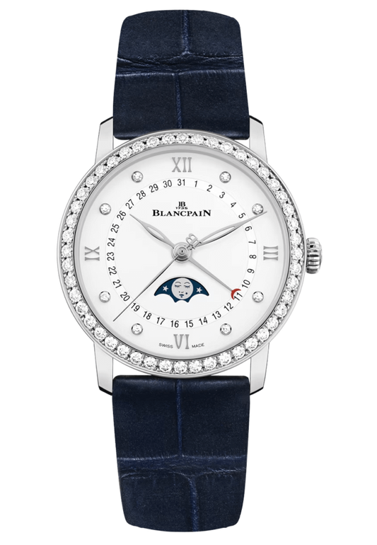 Blancpain Villeret Quantieme Phase de Lune Diamond Blue Alligator Ladies Watch - 6126 4628 55B