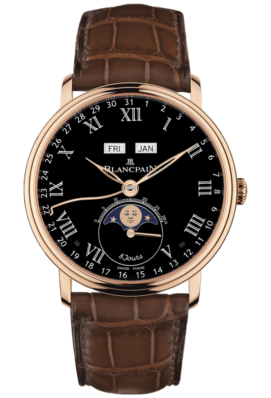 Blancpain Villeret Quantieme Complet 8 Jours Black Red Gold Alligator Men's Watch - 6639 3637 55B