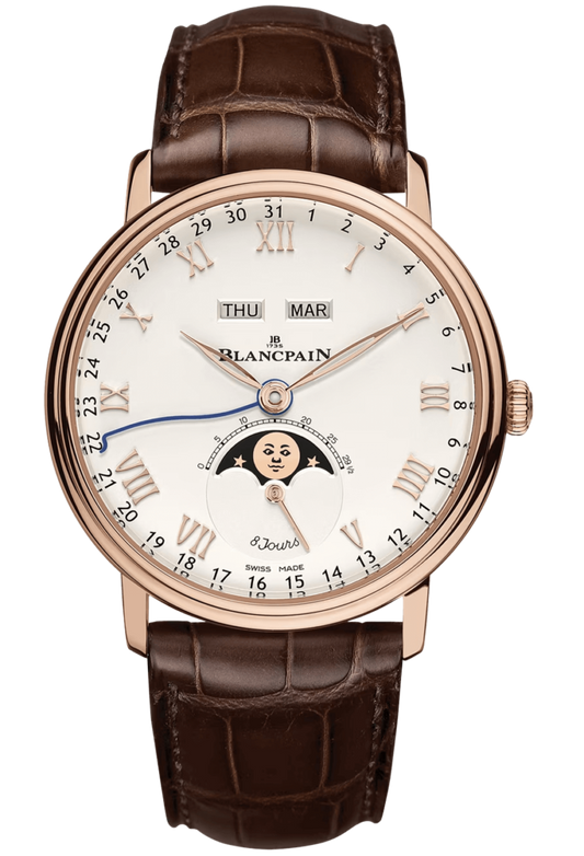 Blancpain Villeret Quantieme Complet 8 Jours Opaline Red Gold Alligator Men's Watch - 6639 3642 55B