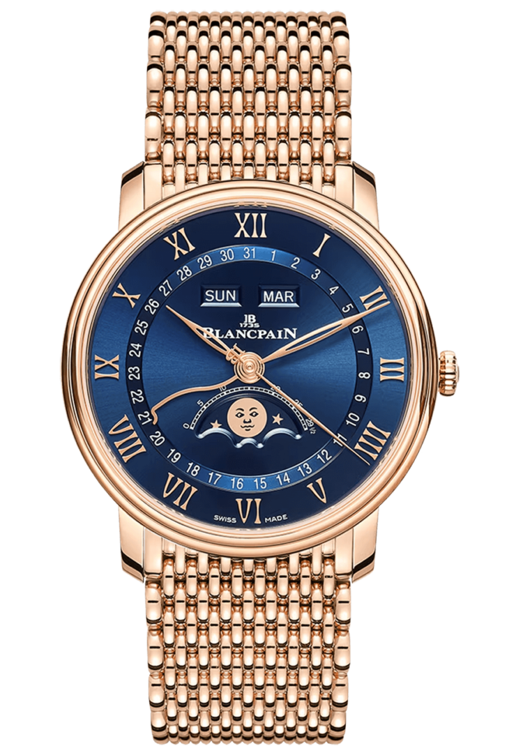 Blancpain Villeret Quantieme Complet Blue Mille Mailles Red Gold Men's Watch - 6654 3640 MMB