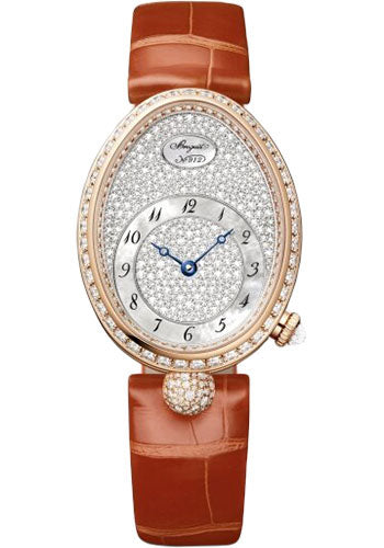 Breguet Reine de Naples 8938 - Rose Gold Case - Diamond Paved Dial - Brown Leather Strap - 8938BR/8D/964/DD0D