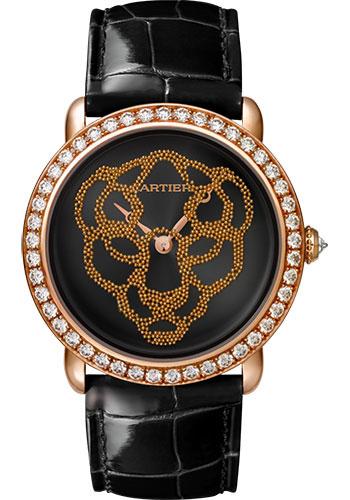 Cartier Revelation D'Une Panthere Watch - 37 mm Pink Gold Diamond Case - Black Dial - Black Alligator Strap - HPI01259