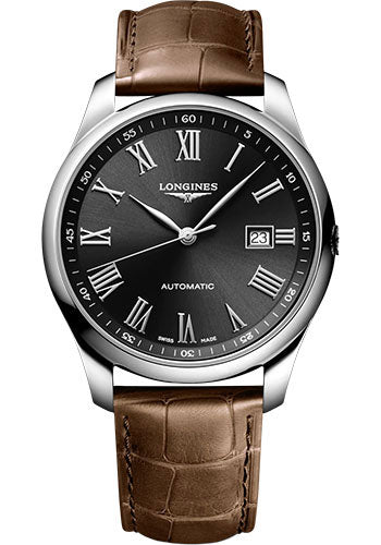 Longines Master Collection Automatic Watch - 42 mm Steel Case - Black Roman Dial - Brown Alligator Leather Strap - L2.893.4.59.2