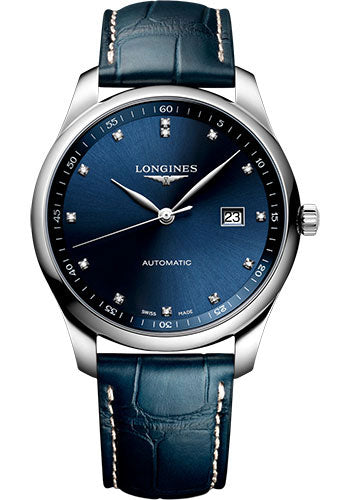 Longines Master Collection Automatic Watch - 42 mm Steel Case - Blue Diamond Dial - Blue Alligator Leather Strap - L2.893.4.97.0