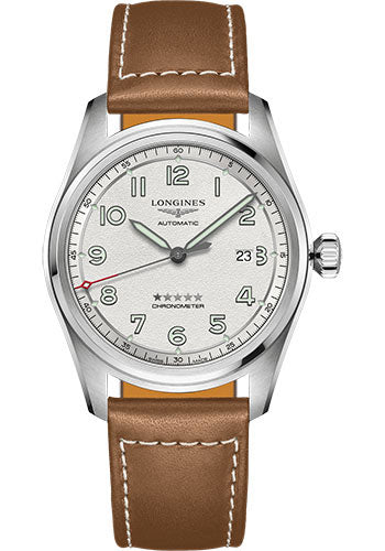 Longines Spirit Automatic Watch - 42 mm Steel Case - Silver Arabic Dial - Brown Leather Strap - L3.811.4.73.2