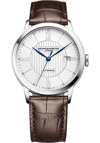 Baume & Mercier Classima Automatic Watch - Date Display - 40 mm Steel Case - Silver Dial - Dark Brown Alligator Strap