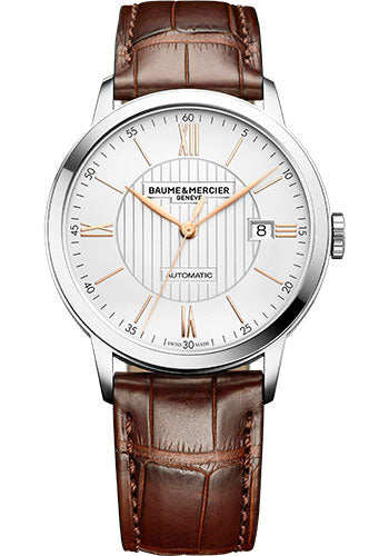 Baume & Mercier Classima Automatic Watch - Date Display - 40 mm Steel Case - Silver Dial - Light Brown Alligator Strap