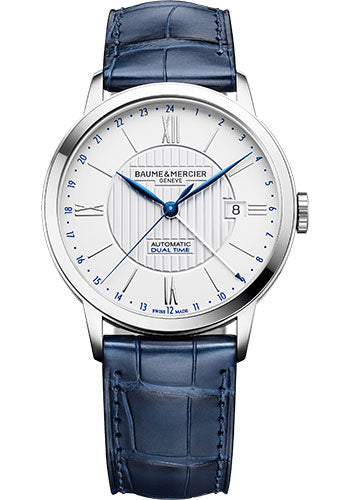 Baume & Mercier Classima Automatic Watch - Dual Time - Date Display - 40 mm Steel Case - Silver Dial - Blue Alligator Strap