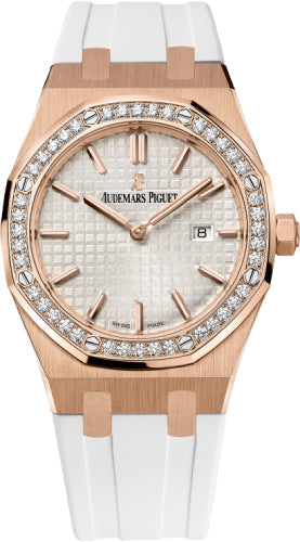 Audemars Piguet Royal Oak Quartz Ladies Rose Gold Silver Index Diamond Bezel 33mm White Rubber | 67651OR.ZZ.D010CA.01