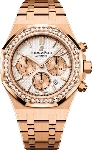 Audemars Piguet Royal Oak 38mm Chronograph Rose Gold Silver Dial Diamond Bezel - 26315OR.ZZ.1256OR.01